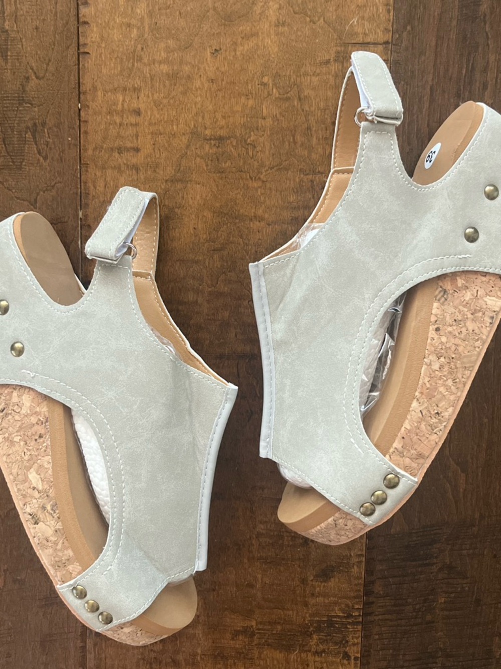 Light gray soft faux suede cork wedge slingback Velcro strap sandals Sz. 39